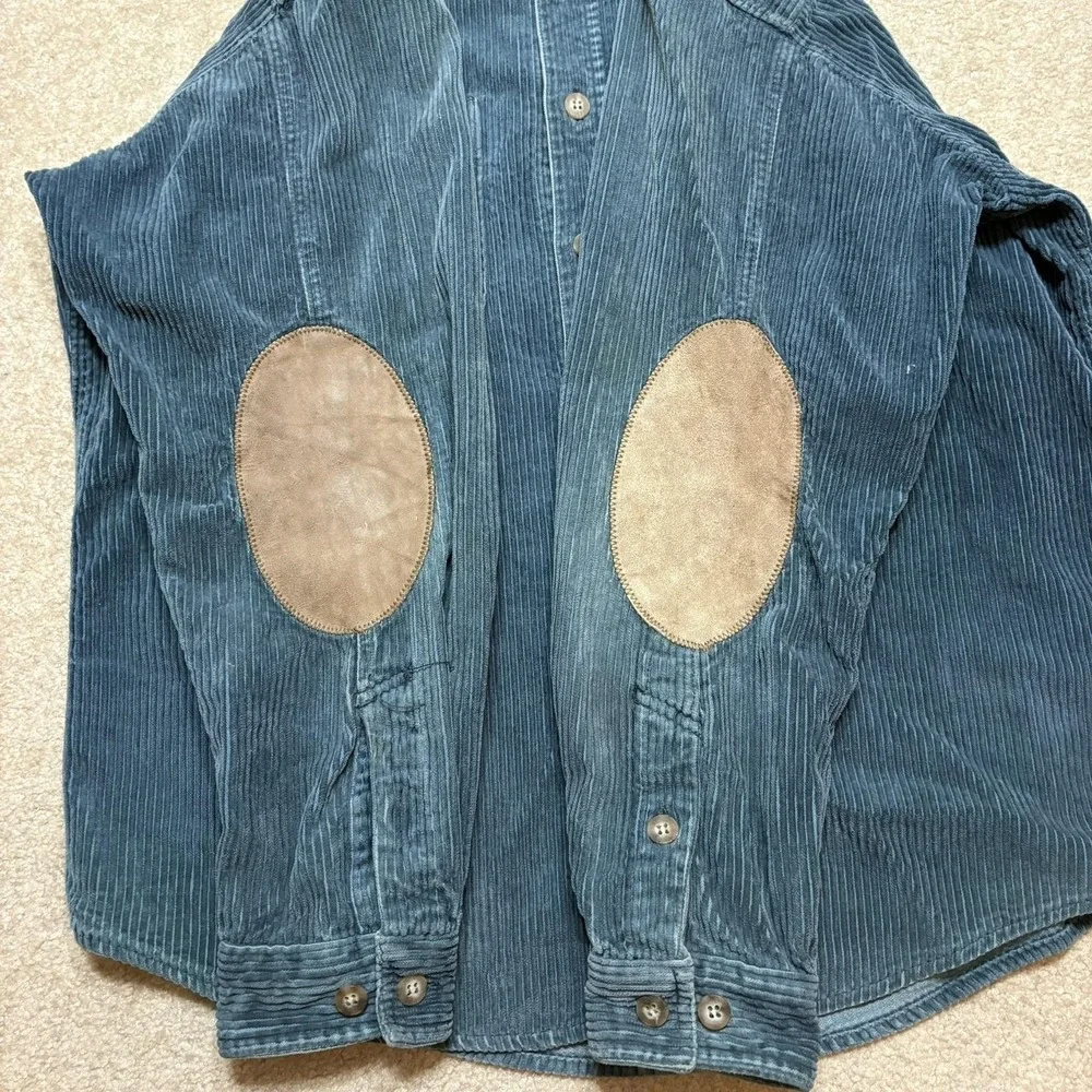 Vtg 80s Banana Republic Safari Corduroy Shirt Mens Medium Blue Suede Elbow Patch